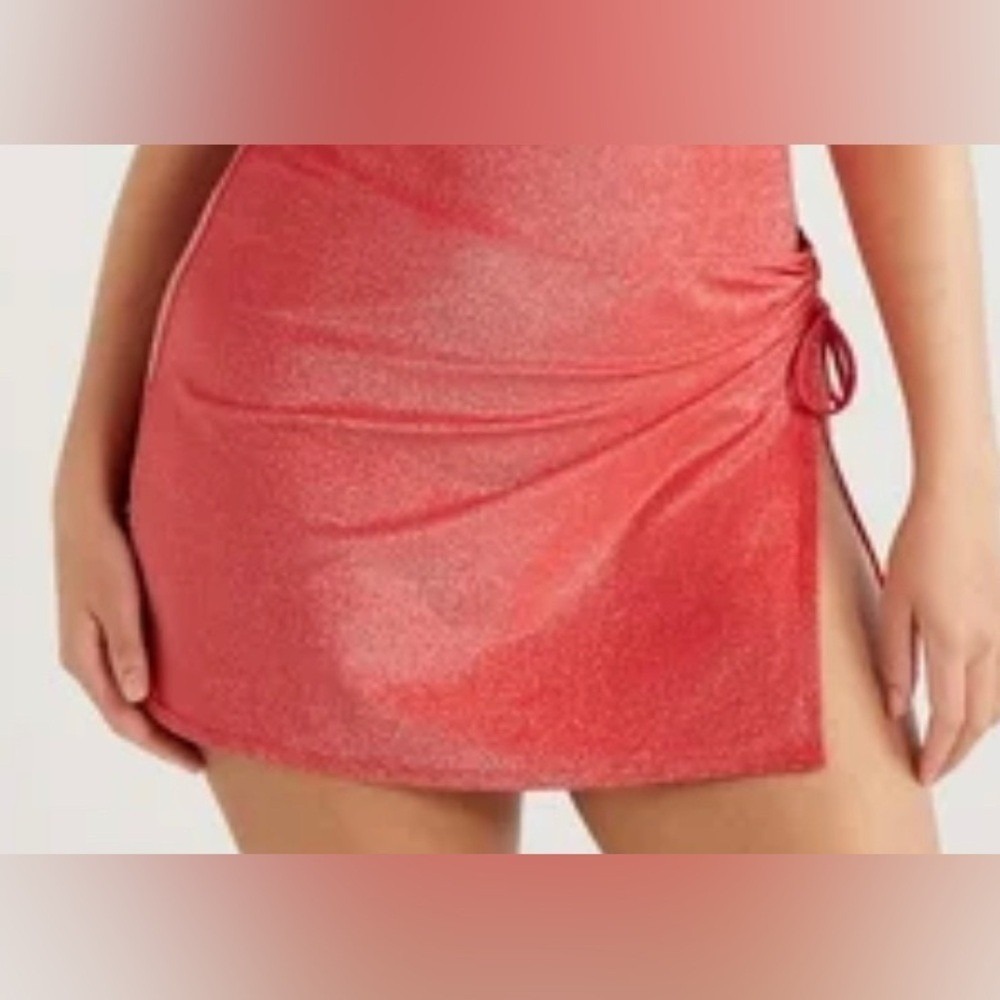 No Boundaries Womens Red Metallic Ruched Mini Skirt cover up swim NWT Size S 3-5